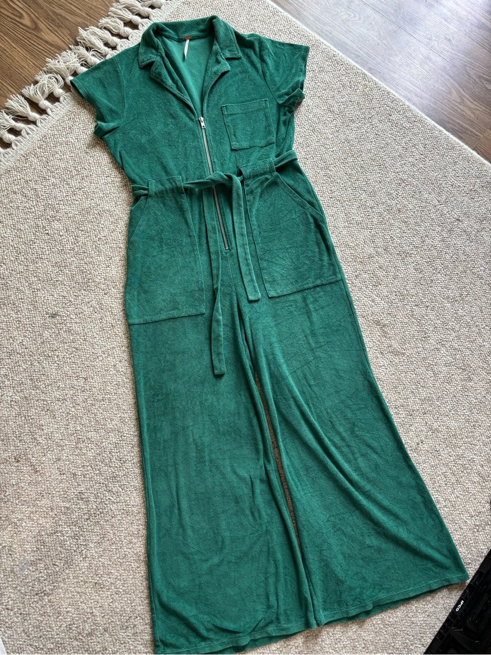 Free People Green Terry Cloth Wide Leg Jumpsuit M Zip Front Utility Romper